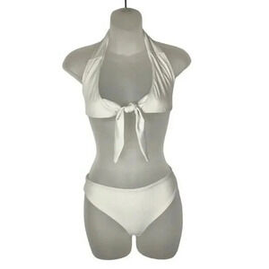 Almost Naked White Tie Bust Halter Thong Bikini S